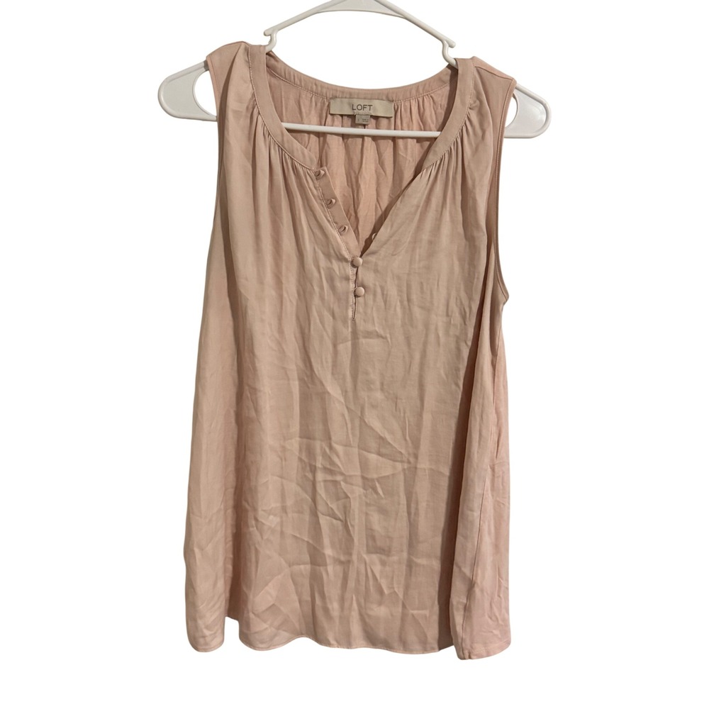 LOFT Womens Small Blush Pink Mixed Media Henley Sleeveless Pleated Shell Top